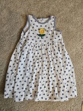 Vintage Sweet Potatoes White & Navy Sunflower Appliqué Bee Dress With Keyhole